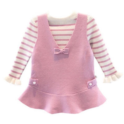 

New Autumn Casual Baby Girls Stripe Print Long Flare Sleeve 2 Piece Dress Kids Princess Dresses