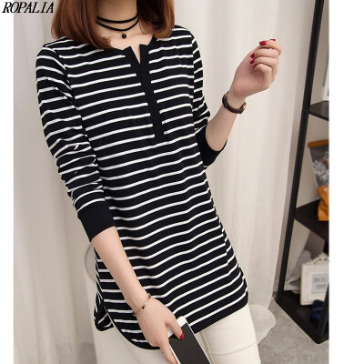 

Womens Striped V-Neck Long Sleeve T-Shirt Temperament Korean Style Casual Long T-Shirts Tops