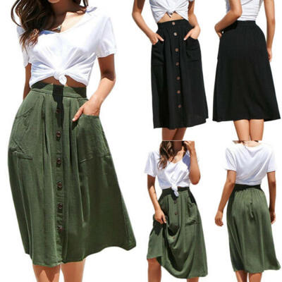 

Elegant Women A-line Elastic High Waist Midi Skirt Solid Button Pockets Dress US