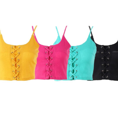 

Women Lace Up Cropped Top Sleeveless Cami Spaghetti Strap O Neck Ribbed Vest Casual Crop Tops