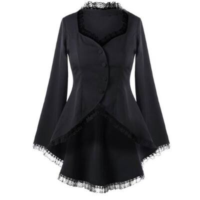 

Toponeto Women Casual Long Sleeve Lace Panel Buttons Asymmetric Slim Fit Blazer Coat