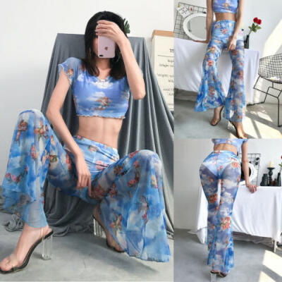 

US Womens Beach Mesh Sheer Wide Leg Pants Ladies Bikini Cover Up Flared Trousers
