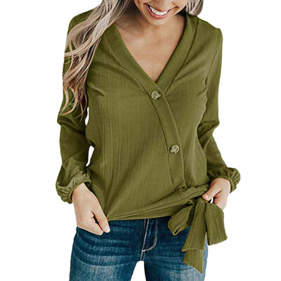 

Nomeni Women V Neck Tie Front Knot Button Long Sleeve Blouse Casual Tops Shirt BKL