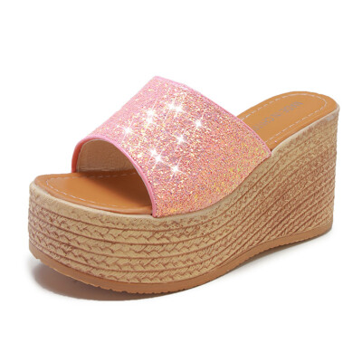 

Summer fashion sequins drag thick bottom slope with wild ladies sandals&muffin sandals tide