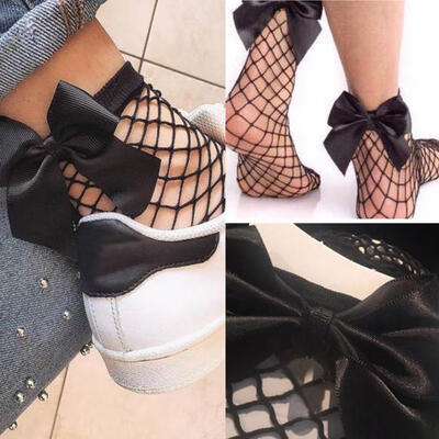 

Women Girls Fishnet Ankle High Short Socks Big Bowknot Mesh Knee-Highs Fish Net