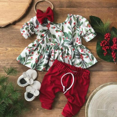 

Toddler Kids Baby Girl Christmas Outfits Clothes Floral Tops PantsHeadband Set
