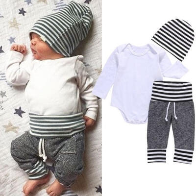 

Newborn Baby Boy Romper TopsLong PantsBeanie Hats 3PCS Outfits Set Clothes