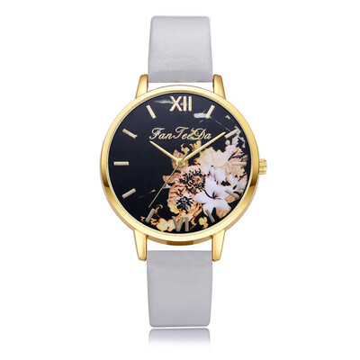 

Hot Selling Women Watches Golden Border Plant Dial Quartz Wristwatch Simple Ladies Leather Strap Clock Relojes Para Mujer