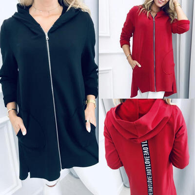 

XL Women&39s Long Sleeve Hooded Jacket Medium Length Zipper-up Outerwear Coat with Pockets BlackRed