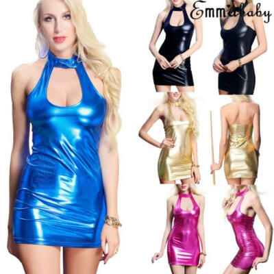 

Womens Wet Look Leather Mini Bodycon Dress Evening Party Cocktail Clubwear HOT