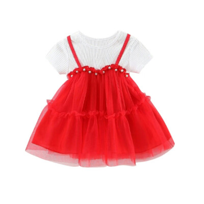 

Summer Baby Girl Short Sleeve Patchwork Princess Dress Fake 2 Piece Pearl Ball-gown Sundress