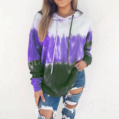 

Women Loose Hoodies Hooded Sweatshirt Drawstring Contrast Color Ombre Printed Front Pocket Pullovers Autumn Spring Casual Tops Str