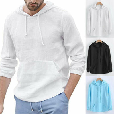 

UK Men Linen Casual Hooded Hoodie Long Sleeve Tops Sweatshirt Gym Muscle T-shirt