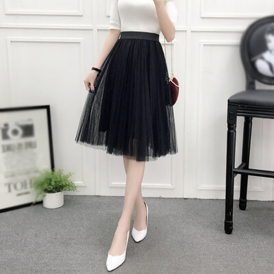

Elegant Elastic High Waist Skirts Women Tulle Skirts Vintage Pleated Knee-Length Skirts Multi-Layer Mesh Tutu Skirt