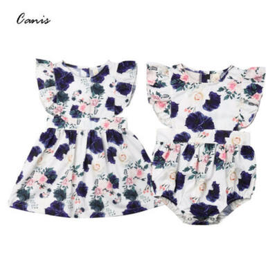 

CA Sister Matching Kid Baby Girls Flower Cotton Romper Bodysuit Dress Outfit Set