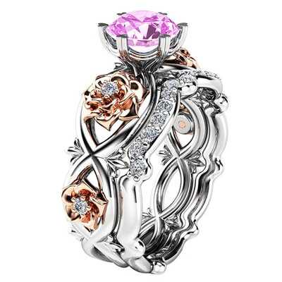 

2 PcsSet NewZircon Engagement Rings For Women Rose Gold Color Wedding Rings Female Gold-plated Couple Ring Jewelry High Quality
