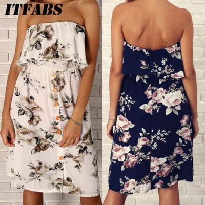 

2018 The New Ladies Summer Tube Top Off Shoulder Print Midi Dress