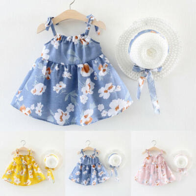 

UK Cute Sleeveless Kid Girls Floral Summer Party Dress Sundress Hat Clothes 0-3T