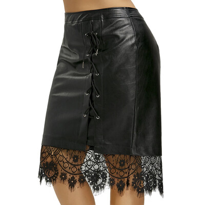 

Plus Size Lace Trim Lace-up PU Skirt