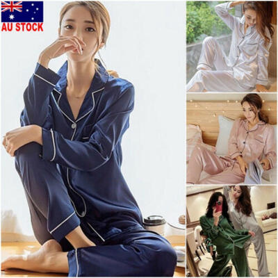 

2Pcs Women Silk Satin Sleepwear Long Sleeve Pajamas Pjs Set Home Suit Nightwear