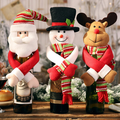 

3Pcs Christmas Santa Snowman Elk Wine Bottle Cover Wrapper Topper Decoration