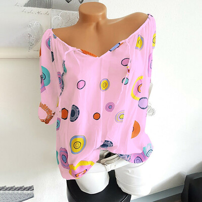 

Starmoon Women Fashion Summer V Neck Dot Printed Half Sleeve Blouse Loose Shirt Top
