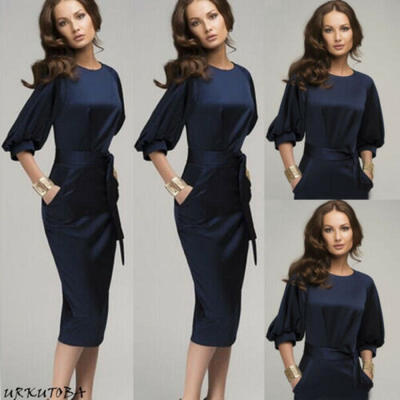 

UK Womens Ladies Half Sleeve Bodycon Ladies Office Work Belt Party Midi Dress