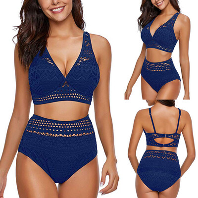 

Roseonmyhand Womens Two Pieces Crochet Lace High Waist V Neck Bikini Set Swimsuit