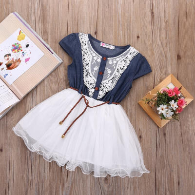 

2017 Elegant Korean Girls Kids Flower Lace Belt Denim Tulle Full Dress Princess