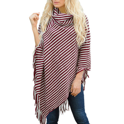 

Roseonmyhand Women Diagonal Striped High Collar Fringed Cloak Sweater Shawl