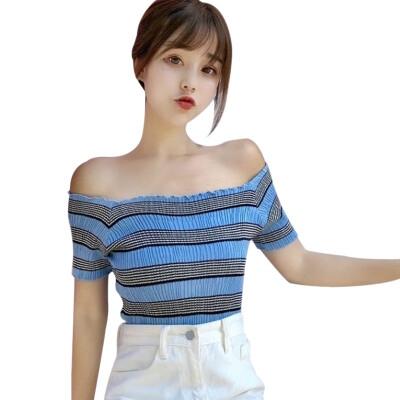 

Womens Pullover Casual Slash Neck Ruffles Striped Short Sleeve Slim Knitted Crop T-Shirt