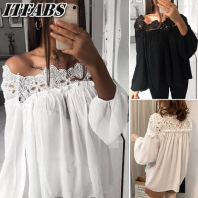 

Women Off Shoulder Lace Croechet Tops Loose Long Sleeve Casual T-Shirt Blouse