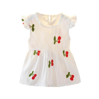 

Cherry Printed Dress Girls Kids O-neck Summer Cup Sleeve Princess Dresses