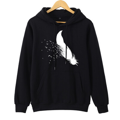 

Tailored Women Print Feather Loose Long Sleeve Top Pullover Hooded Cap Sweatshirt Blouse