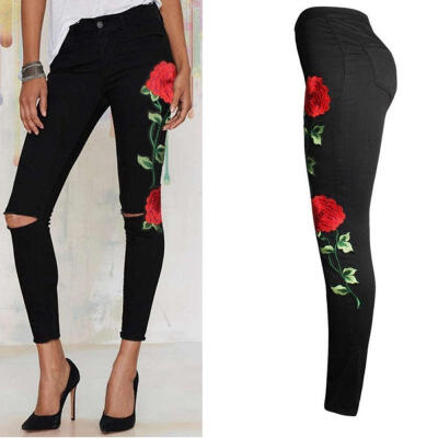 

Women New Fashion Rose Embroidered Floral Jeans Ripped Slim Denim Pants Trousers