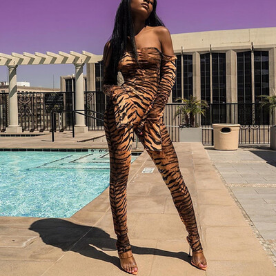 

Women Sexy Mesh Sheer Leopard Print Ruffle Sleeve Long Jumpsuit Romper Clubwear