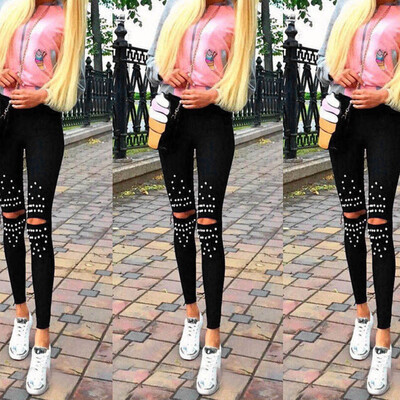 

Women Denim Skinny Ripped Pants High Waist Hole Slim Stretchy Pencil Trousers