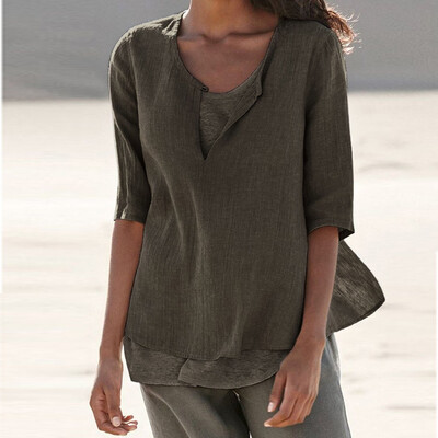 

Starmoon Womens Loose Linen Casual Button V Neck Plus Size Solid Shirt Blouse Tunic Tops