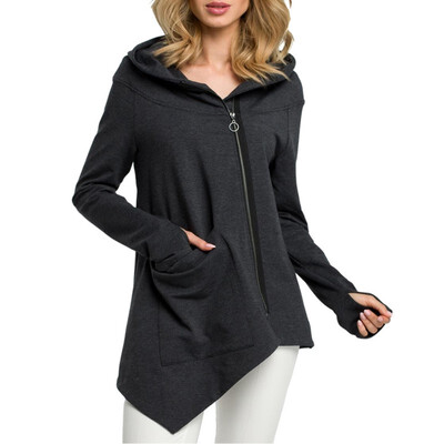 

Women Solid Color Long Sleeve Hooidies Pocket Jacket Fashion Loose Zipper Irregular Coat Hooded Outwear Autumn Women Clothing
