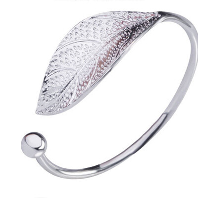 

Retro National Style Shiny Silver Leaf Opening Bracelet Unisex Pair Hand Bracelet Fashion Jewellery