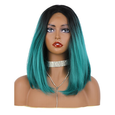 

StrongBeauty Medium Length Lace Front two-color Ombre Black to Green Synthetic Wigs for Black Women
