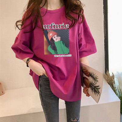 

Women Summer Round Collar Cartoon Print Loose Half Sleeve Casual T-Shirt