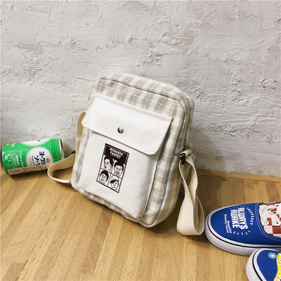 

Canvas bag lady slanting Korean Plaid fashion summer fresh student one-shoulder mobile phone bag