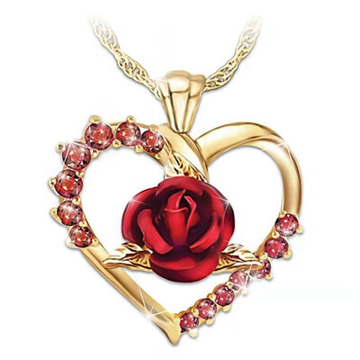 

Women Heart-shaped Ruby Rose Pendant Necklace Love Necklace Romantic Jewelry