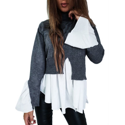 

Autumn Women T Shirt Bottoming Patchwork Long Flare SleeveTop Basic T-shirt Women