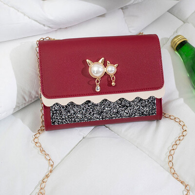 

Tailored Cute Cat Pearl Pendant Sequin Small Square Bag Wild Shoulder Messenger Bag