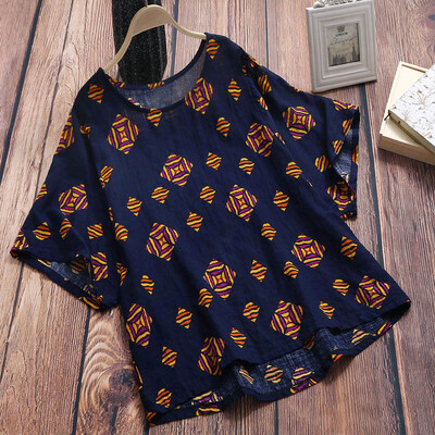 

Starmoon Women Cotton And Linen Loose O-Neck Short Sleeve Print T-Shirt Blouse Tops