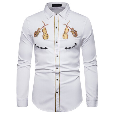 

Tailored Mens Leisure Fashion Embroidery Printing Lapel Long Sleeve Shirt Top Blouse