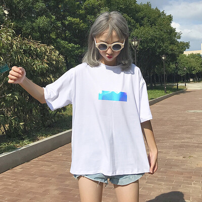 

Women Fashion Concise Personality Loose Round Collar Solid Color All-match T-shirt
