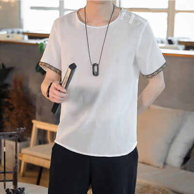 

Toponeto Men Vintage Baggy Embroidery Linen Solid Short Sleeve Retro T Shirts Tops Blouse
